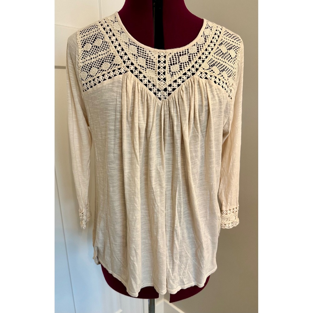Lucky Brand Cream Crochet Lace Trim Long Sleeve Boho Top 1X/Cottagecore/Feminine